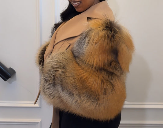 Tan Double - Breasted Faux Fur Sleeve Cropped Coat