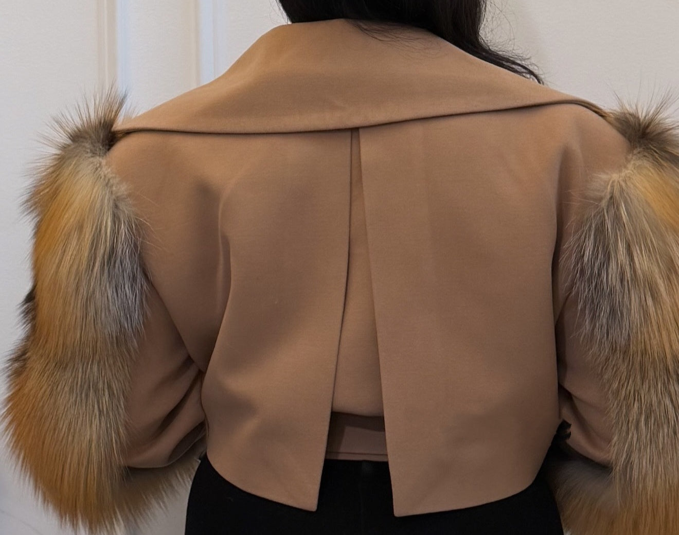 Tan Double - Breasted Faux Fur Sleeve Cropped Coat