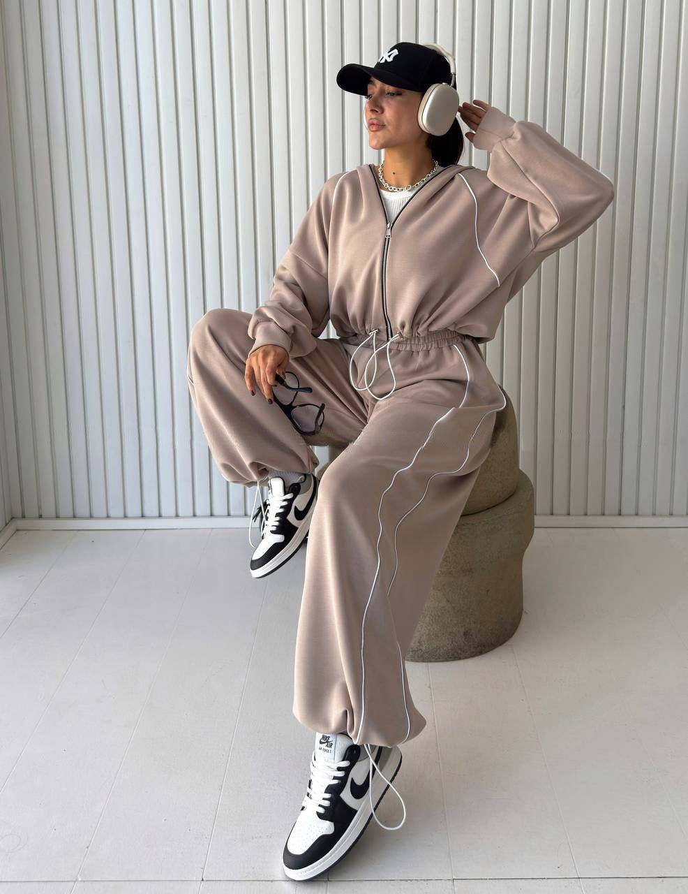 Zip - Up Hoodie & Sweatpants Tracksuit Set with White Piping