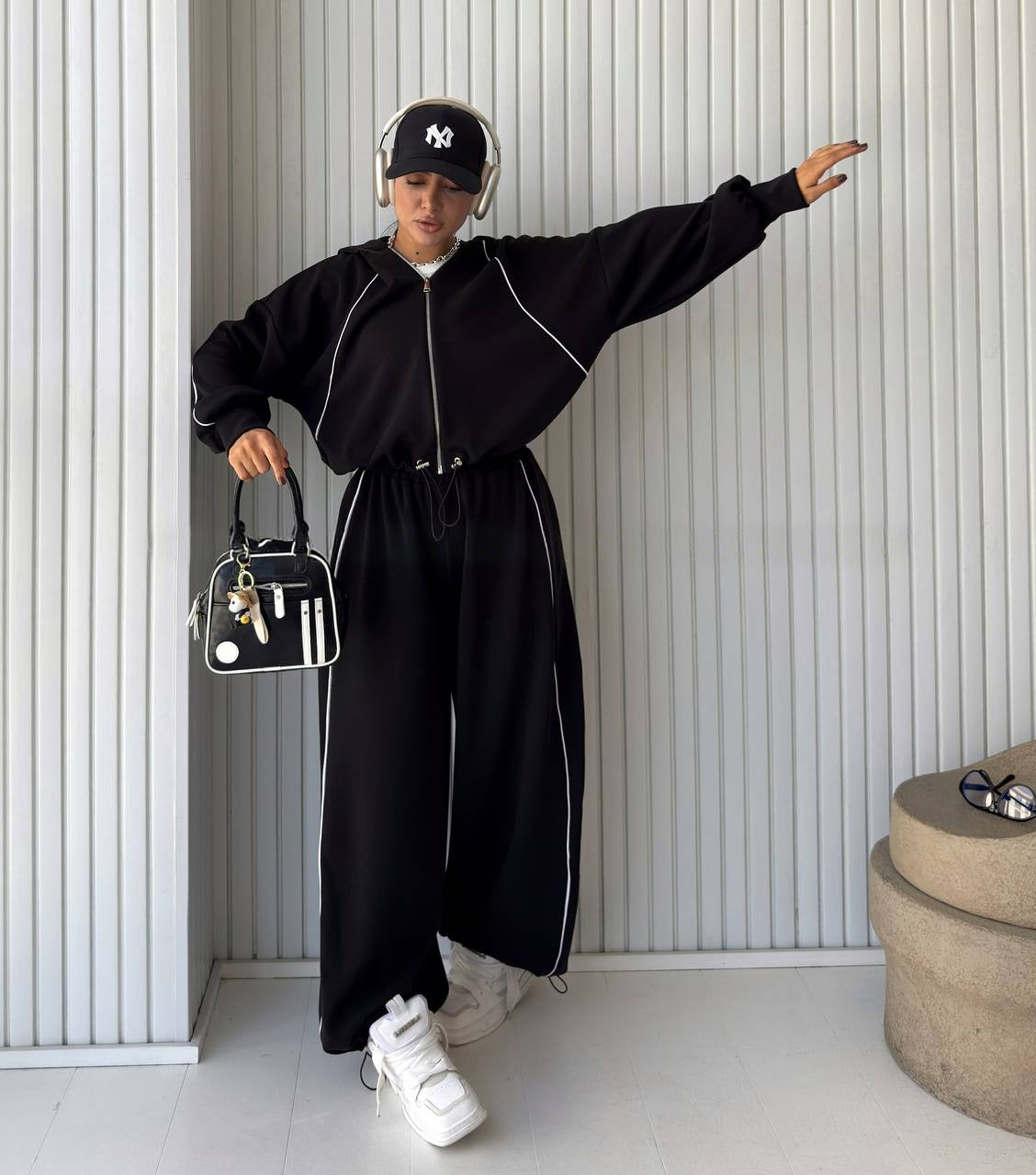 Zip - Up Hoodie & Sweatpants Tracksuit Set with White Piping