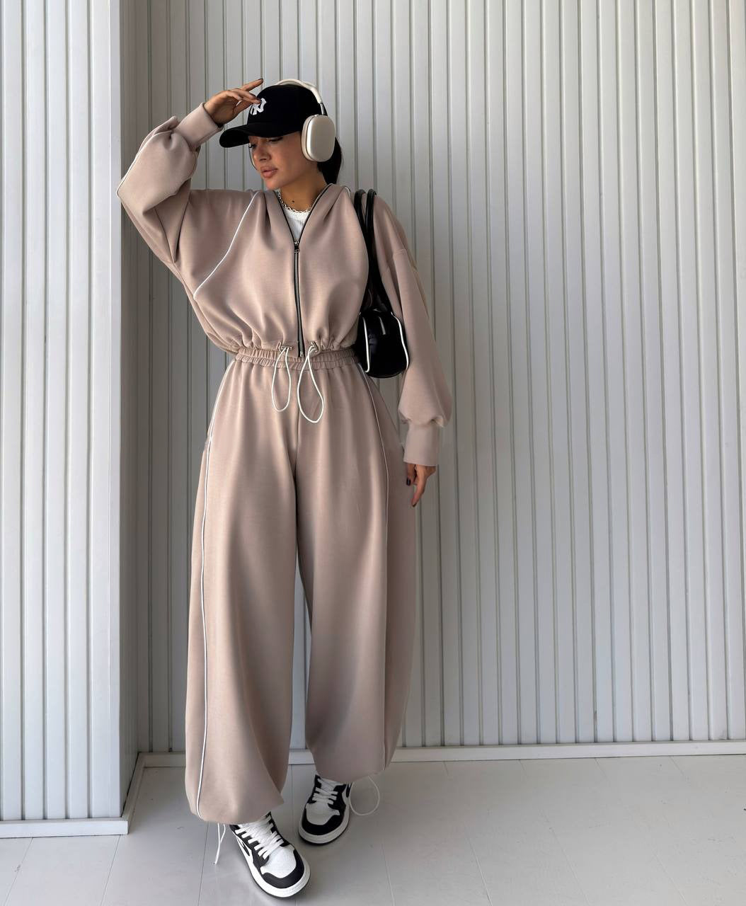 Zip - Up Hoodie & Sweatpants Tracksuit Set with White Piping