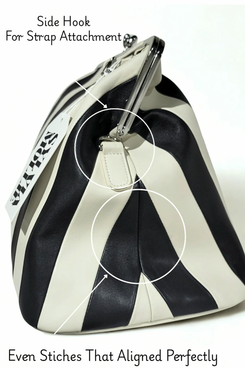 Black & White Striped Embossed Premium Leather Kisslock Clutch