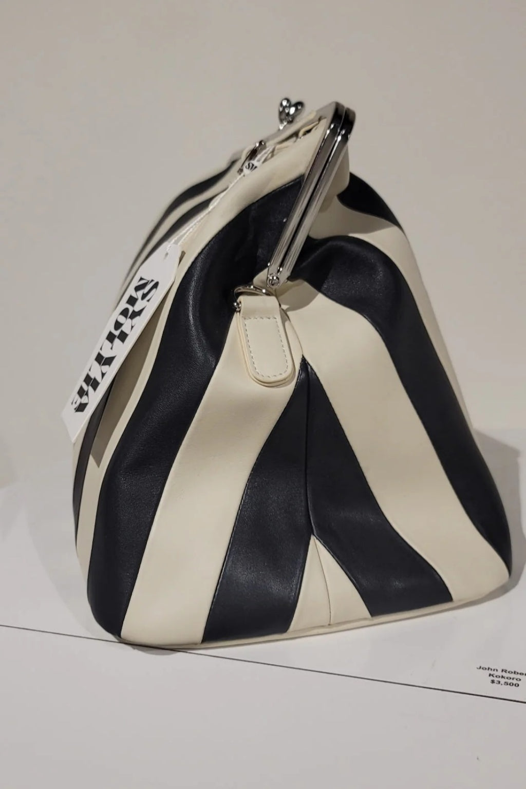Black & White Striped Embossed Premium Leather Kisslock Clutch