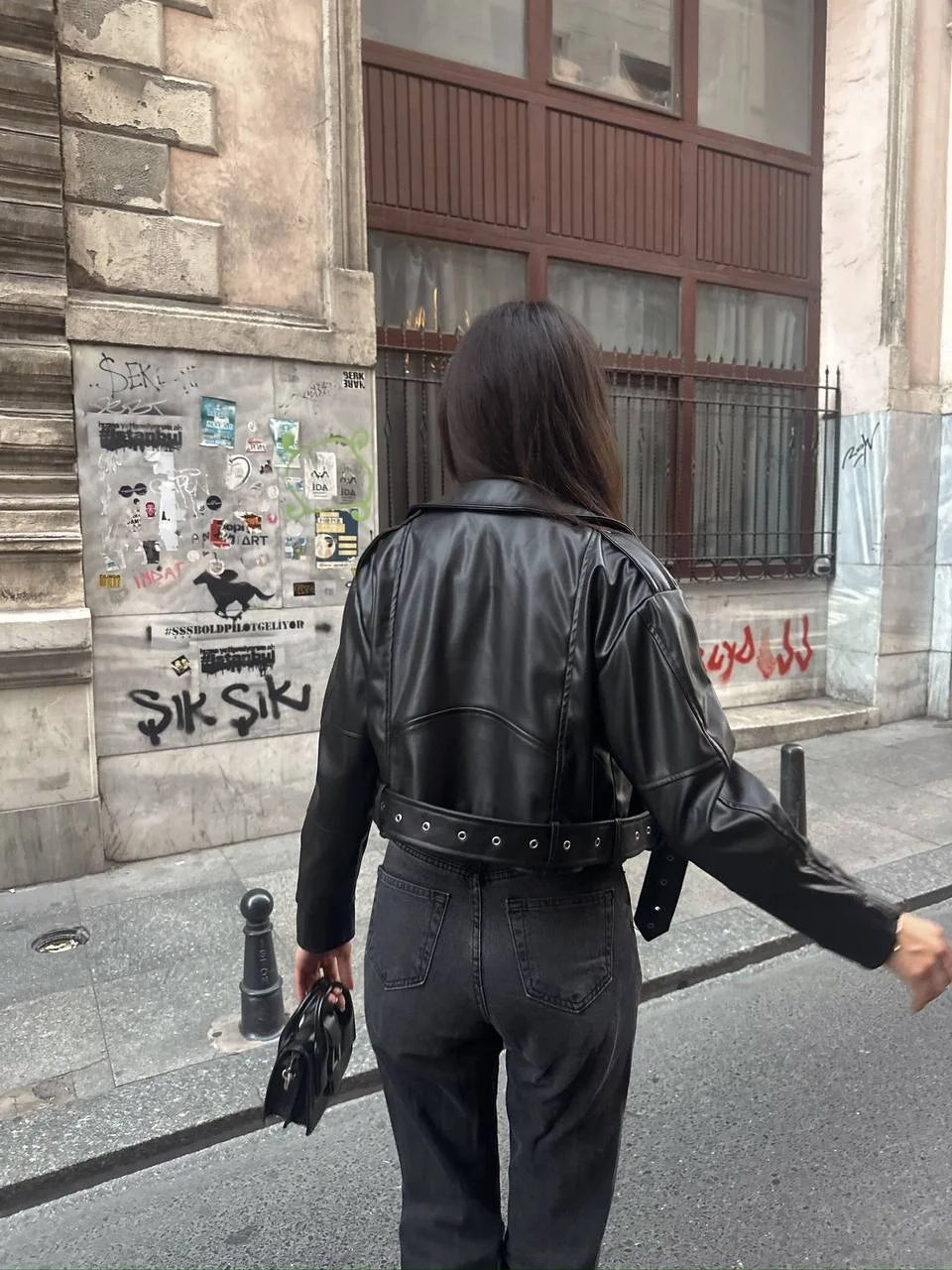 Black Faux Leather Cropped Moto Jacket with Eyelet Belt