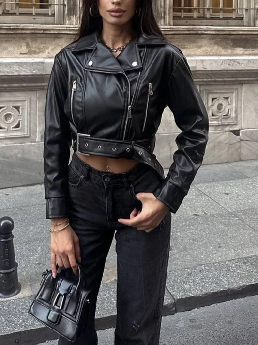 Black Faux Leather Cropped Moto Jacket with Eyelet Belt
