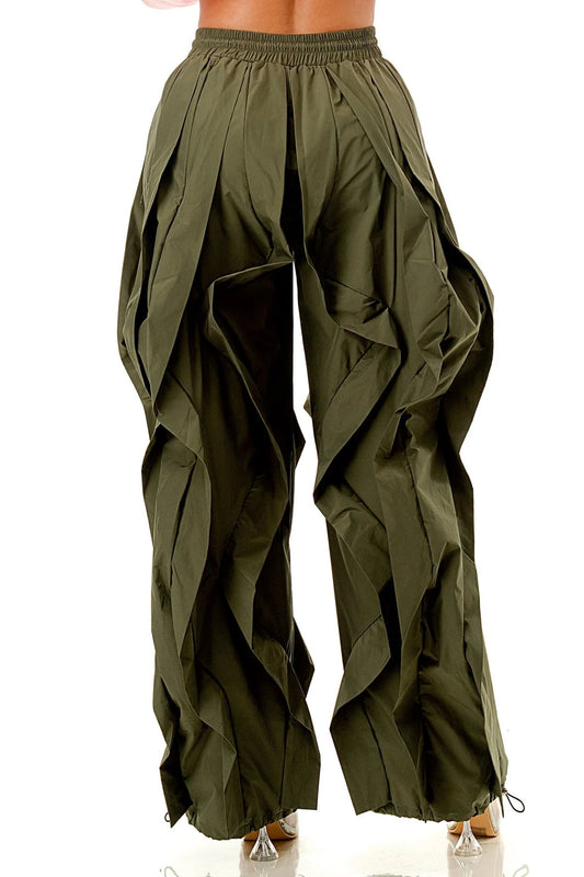 Olive Wavy Oversized Wide Leg Ruffle Drawstring Elastic Waist Jogger Pants