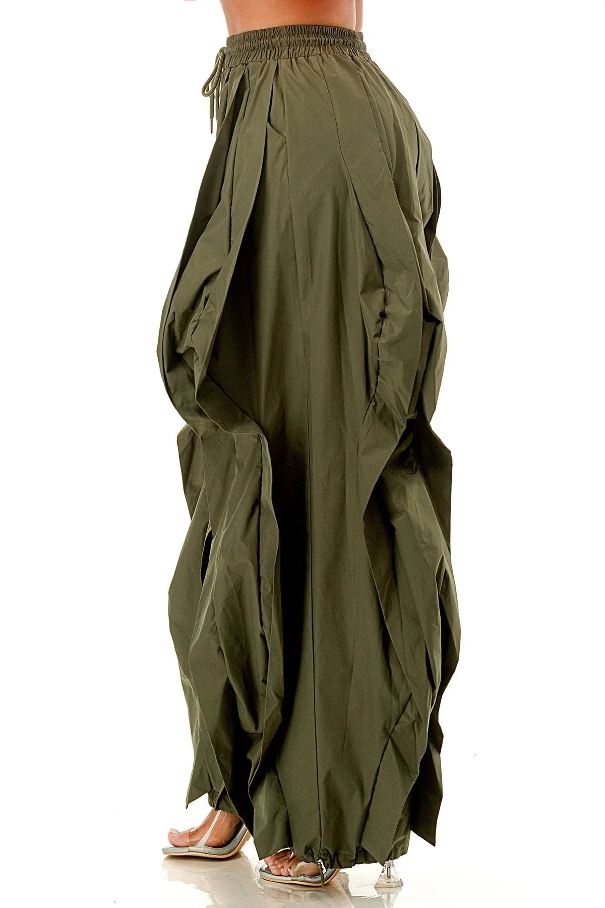 Olive Wavy Oversized Wide Leg Ruffle Drawstring Elastic Waist Jogger Pants