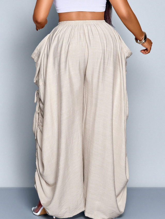 Plus Size Women Solid Color Tie-Waist Wide Leg Baggy Pants With Big Pockets