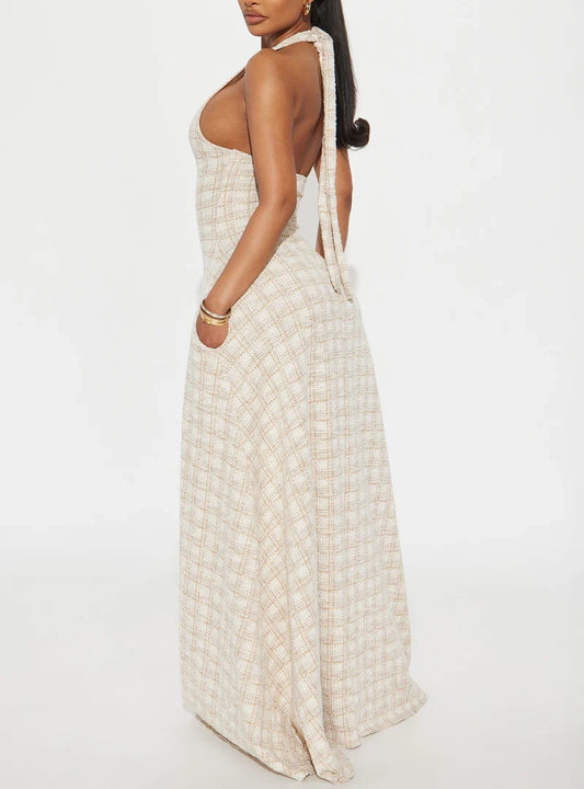 Plaid Halter Neck Open - Back Maxi Dress