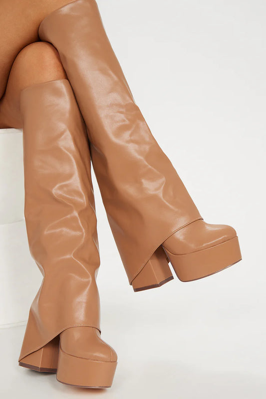 Camel Wide Fit PU Fold Over Knee High Block Heeled Western Boots