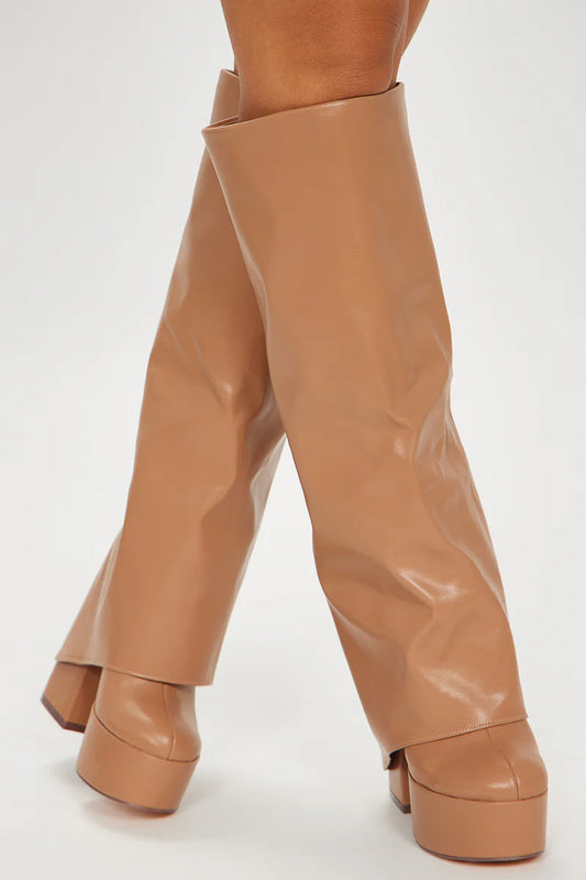 Camel Wide Fit PU Fold Over Knee High Block Heeled Western Boots