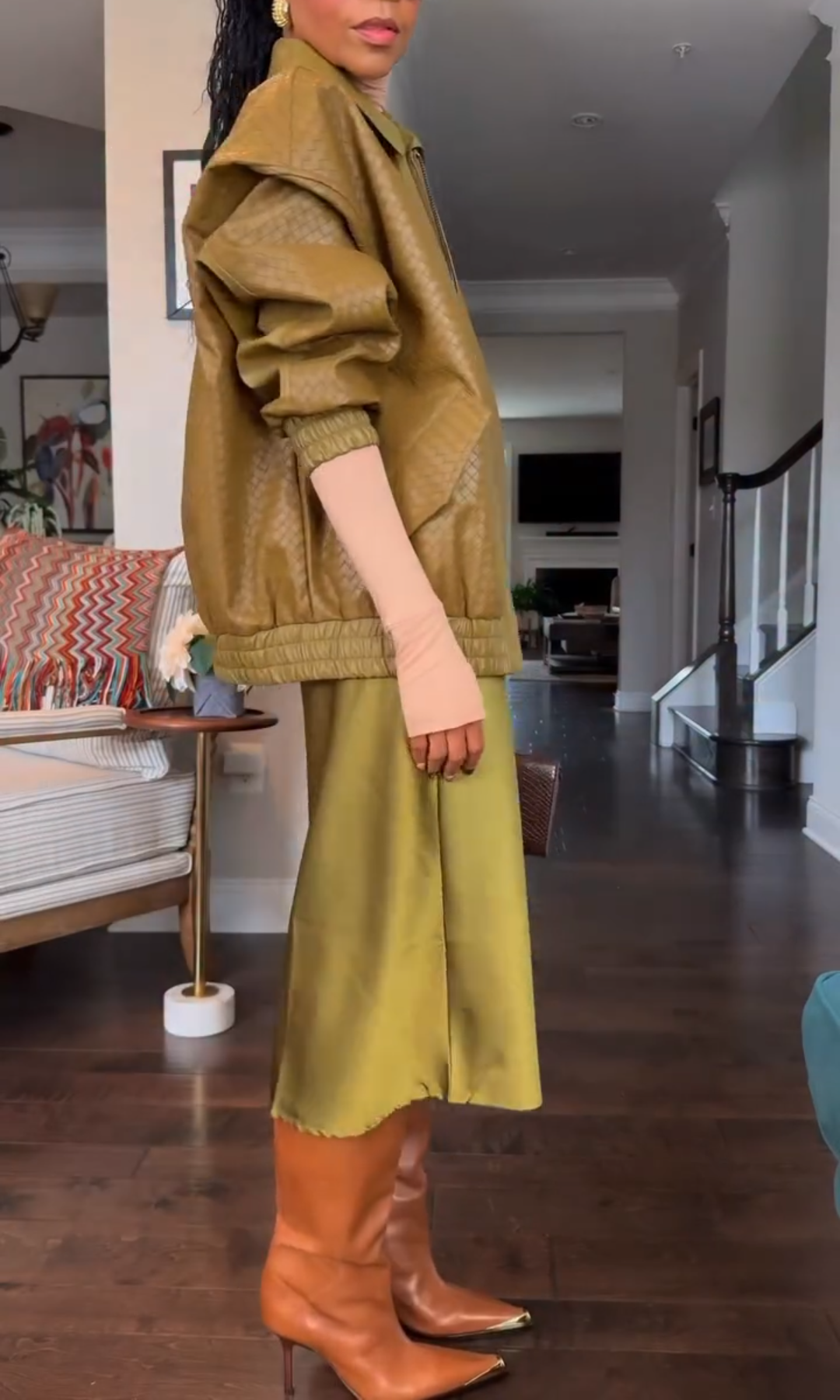 Olive green textured leather zip-up jacket