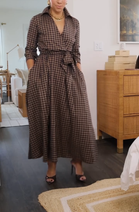 Brown Plaid Shirt Dress with Belted Waist