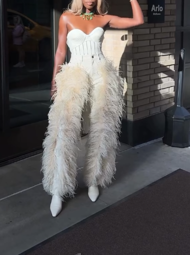 Cream Feather - Trimmed Corset Jumpsuit