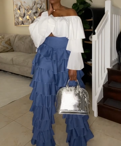 Blue Tiered Ruffle Wide - Leg Pants