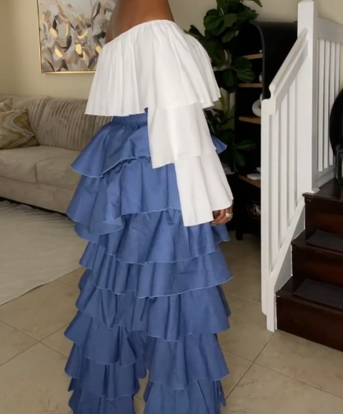 Blue Tiered Ruffle Wide - Leg Pants