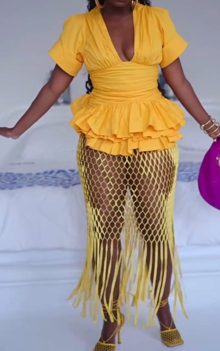 Yellow Deep V - Neck Ruffled Top with Mesh Fringe Skirt Se