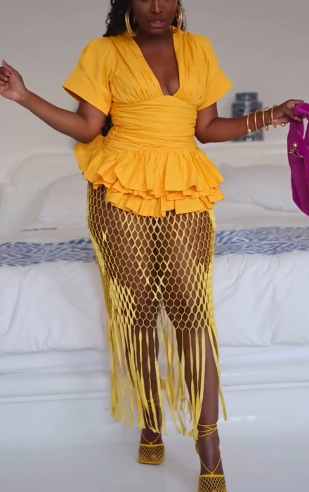 Yellow Deep V - Neck Ruffled Top with Mesh Fringe Skirt Se