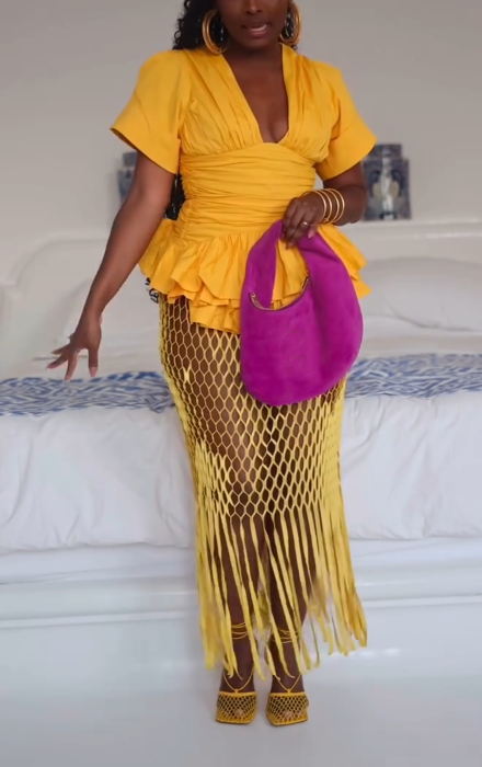 Yellow Deep V - Neck Ruffled Top with Mesh Fringe Skirt Se