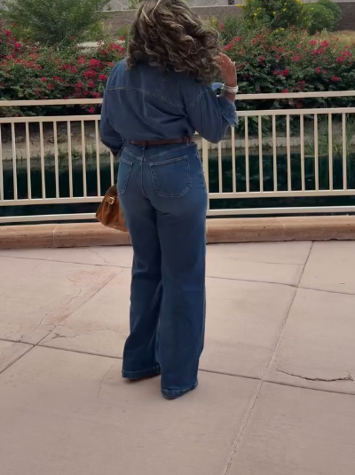 Dark Blue Denim Wide - Leg Jumpsuit with Belted Waist