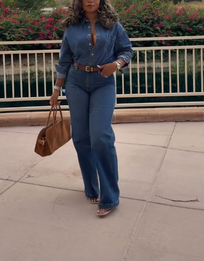 Dark Blue Denim Wide - Leg Jumpsuit with Belted Waist