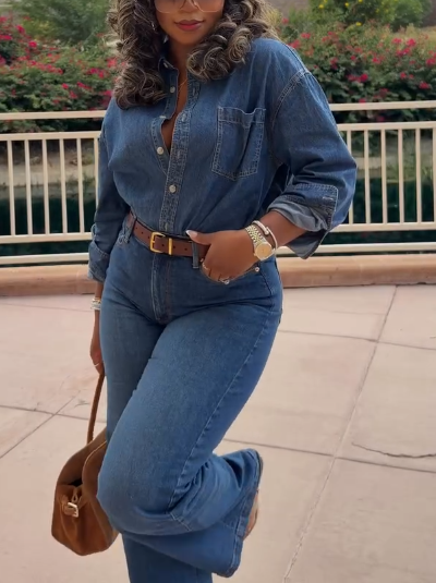 Dark Blue Denim Wide - Leg Jumpsuit with Belted Waist