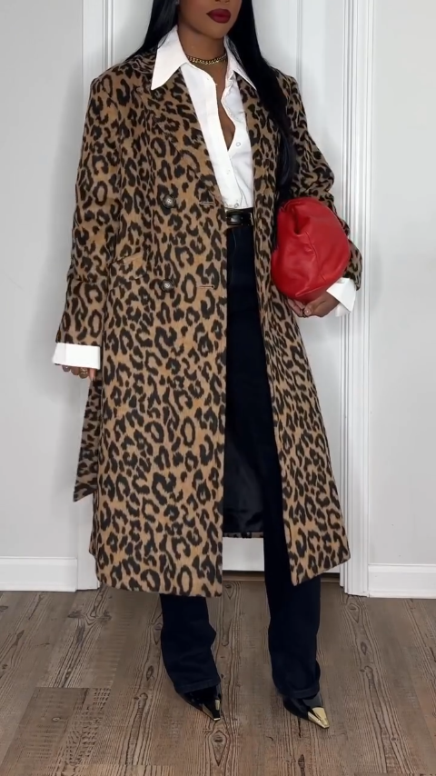 Leopard Print Double - Breasted Maxi Coat