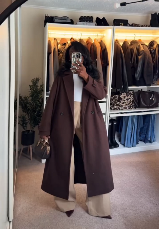 Chocolate Brown Double - Breasted Maxi Wool Coat