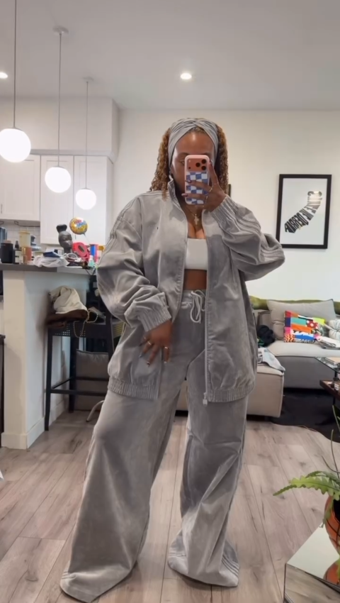 Grey Velour Oversized Track Jacket and Wide-Leg Pants Set