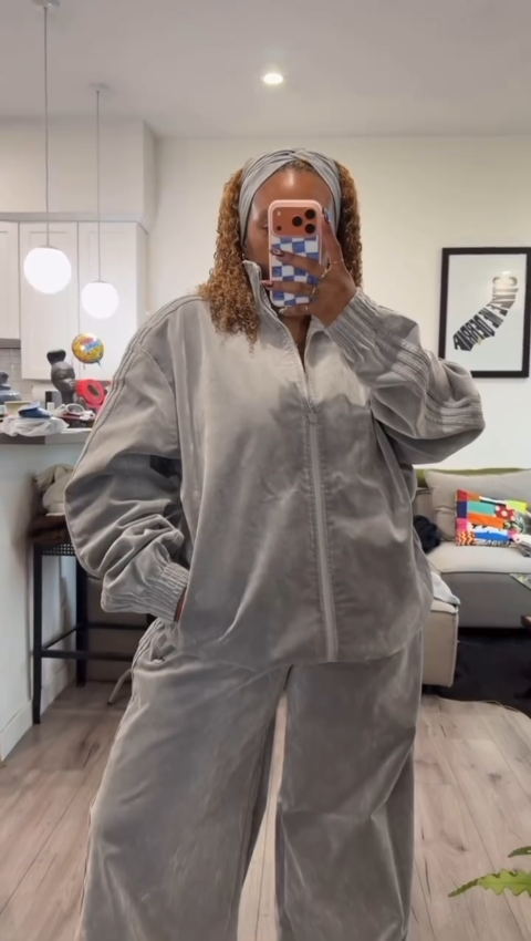 Grey Velour Oversized Track Jacket and Wide-Leg Pants Set