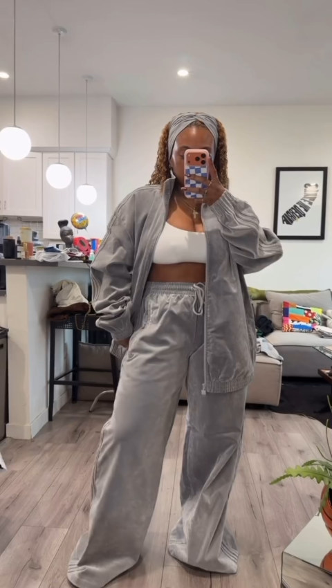 Grey Velour Oversized Track Jacket and Wide-Leg Pants Set