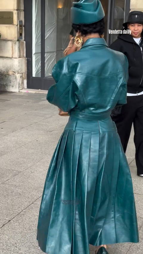 Teal Faux Leather Cropped Jacket and Pleated Midi Skirt Set with Statement Details