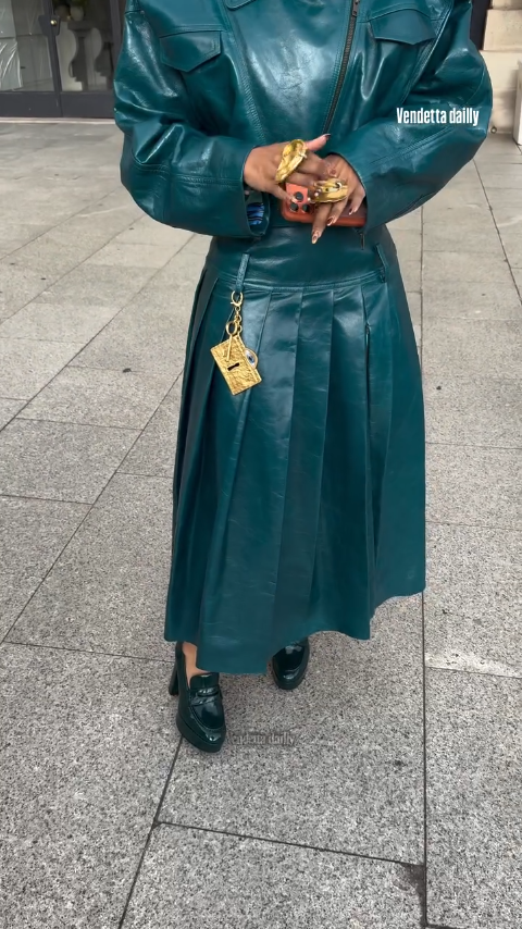 Teal Faux Leather Cropped Jacket and Pleated Midi Skirt Set with Statement Details