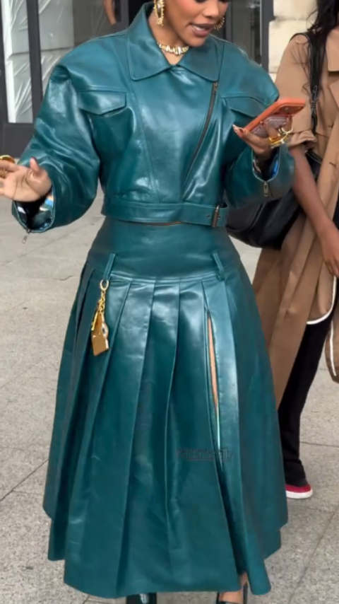 Teal Faux Leather Cropped Jacket and Pleated Midi Skirt Set with Statement Details