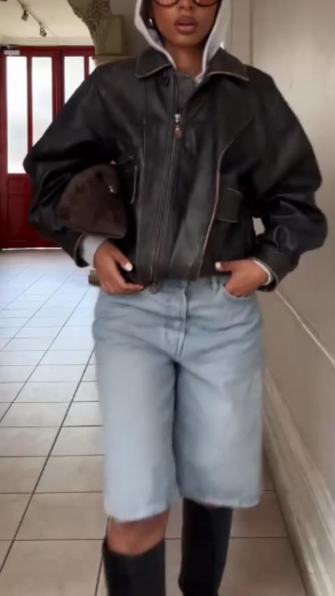 Black Vintage Leather Bomber Jacket with Oversized Silhouette