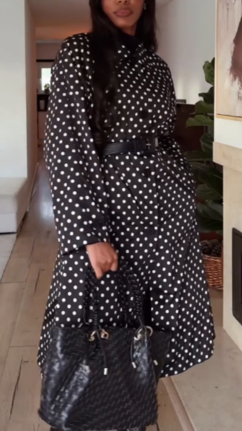 Black and White Polka Dot Oversized Trench Coat with Belted Waist