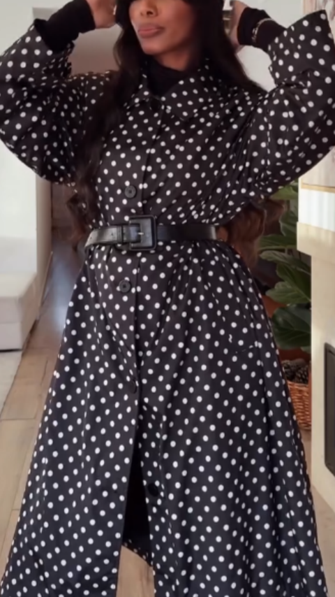 Black and White Polka Dot Oversized Trench Coat with Belted Waist