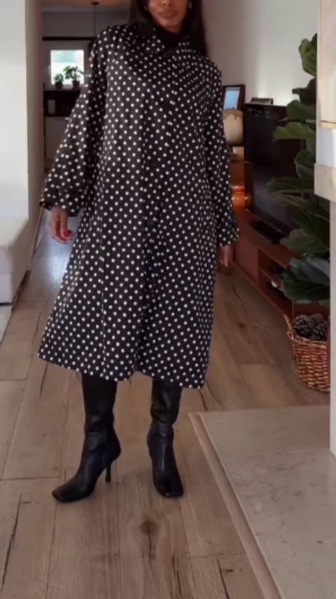 Black and White Polka Dot Oversized Trench Coat with Belted Waist