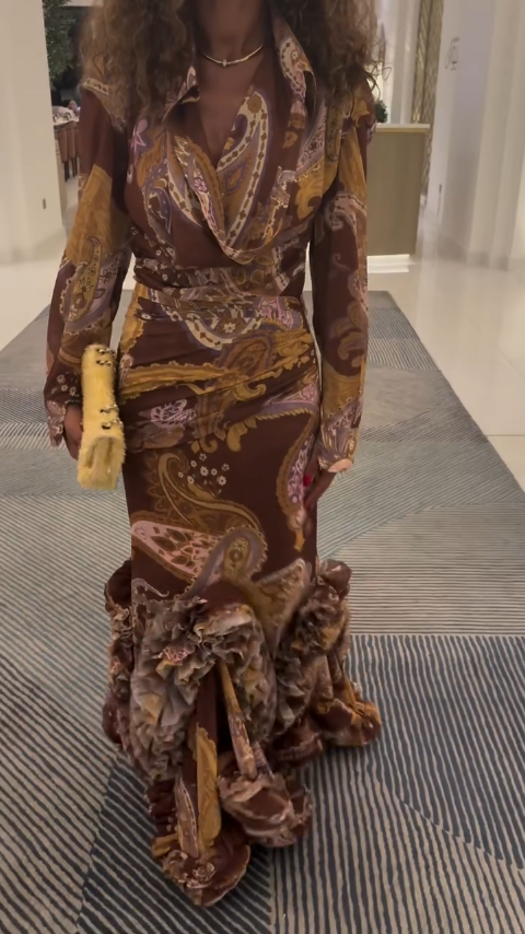 Brown Paisley Print Ruffled Maxi Dress with Draped Collar