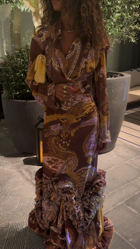 Brown Paisley Print Ruffled Maxi Dress with Draped Collar