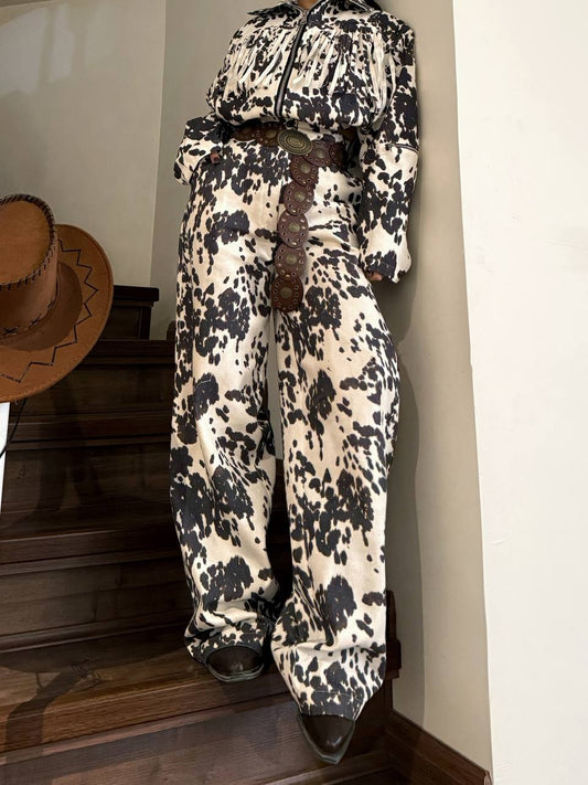 Cow Print Western Fringe Jacket and Wide-Leg Pants Set