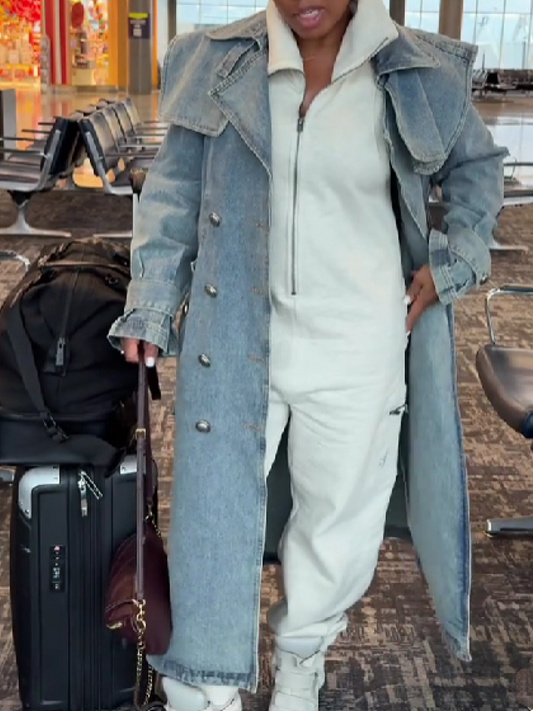 Light Wash Denim Trench Coat with Oversized Collar and Belted Waist