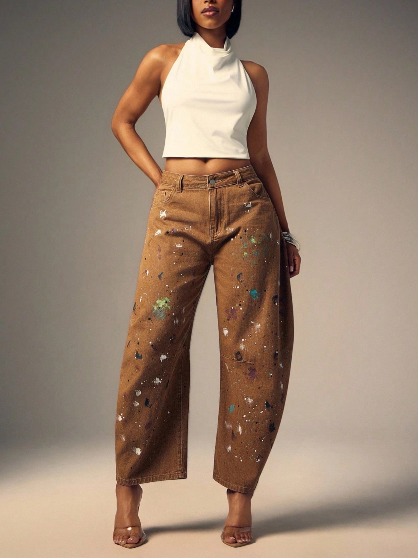 Artistic Paint-Splattered Wide-Leg Denim Pants