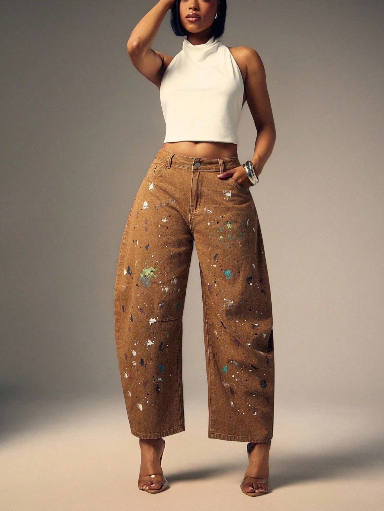 Artistic Paint-Splattered Wide-Leg Denim Pants