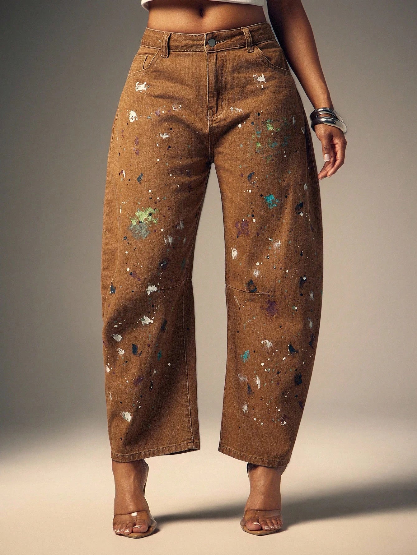 Artistic Paint-Splattered Wide-Leg Denim Pants