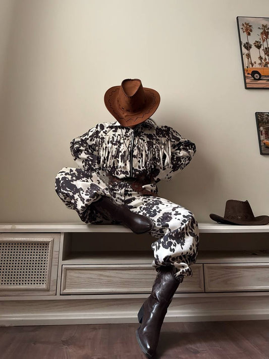 Cow Print Western Fringe Jacket and Wide-Leg Pants Set