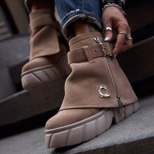 Women's Beige Suede Chunky Platform Ankle Boots with Buckle & Zip Detail