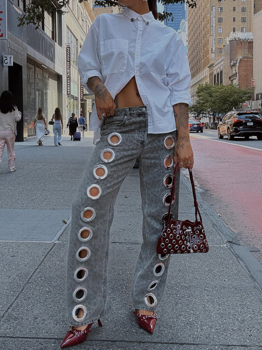 Women's Grey Distressed Denim Jeans with Circular Cut - outs