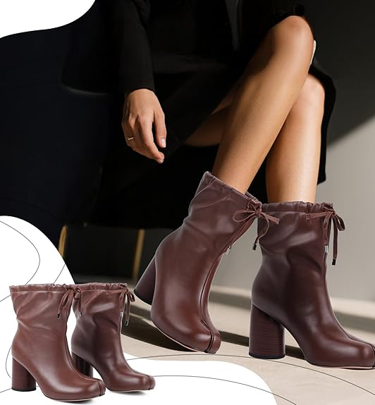 Women's Tabi Split Toe Ankle Boots - Faux Leather Drawstring Block Heel Booties