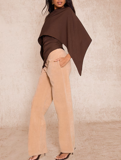 Brown Asymmetrical Poncho - style Top